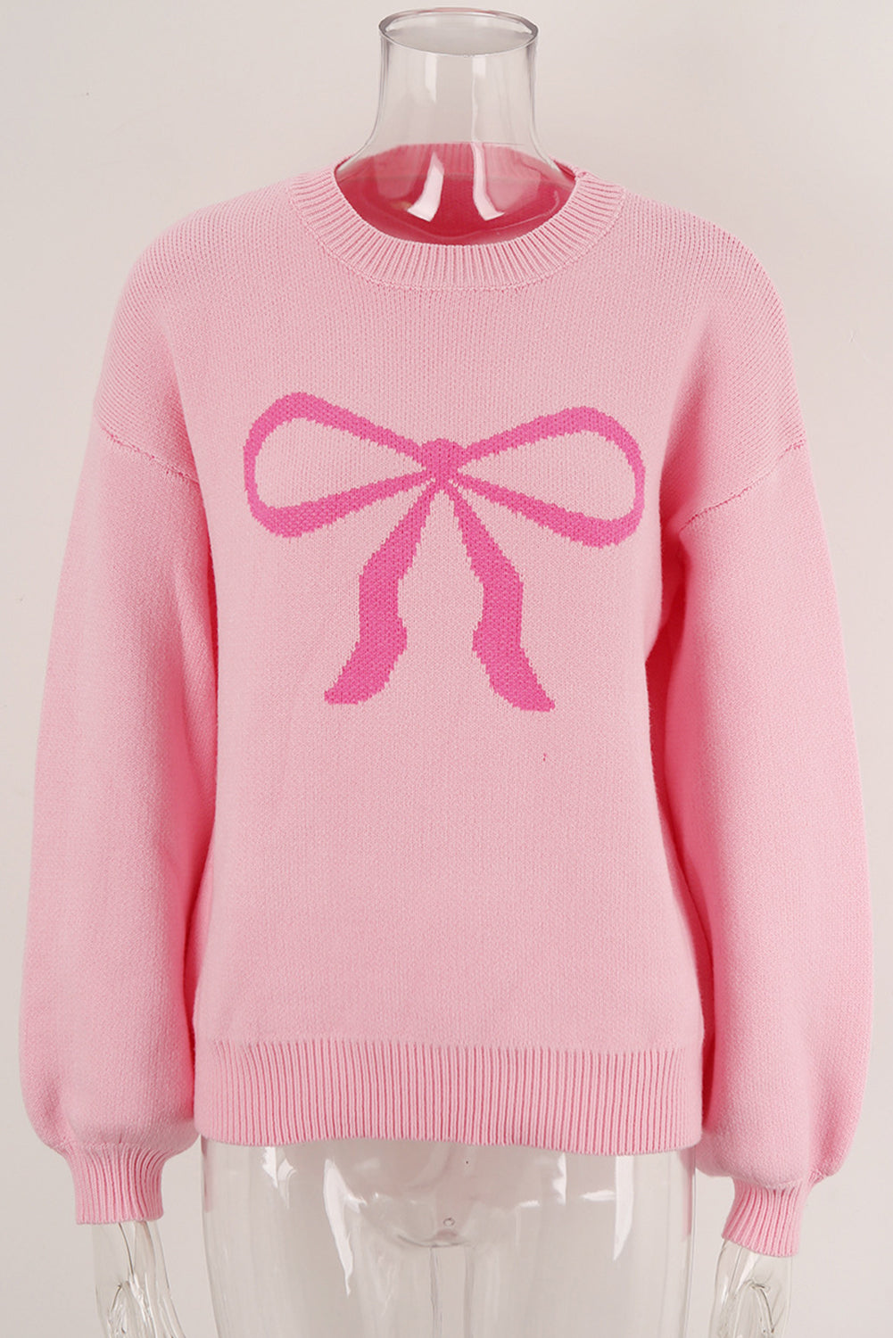 Bow Graphic Drop Shoulder Round Neck Sweater | Pink