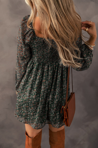 Floral Print Sweetheart Neck Shirred Back Mini Dress | Green