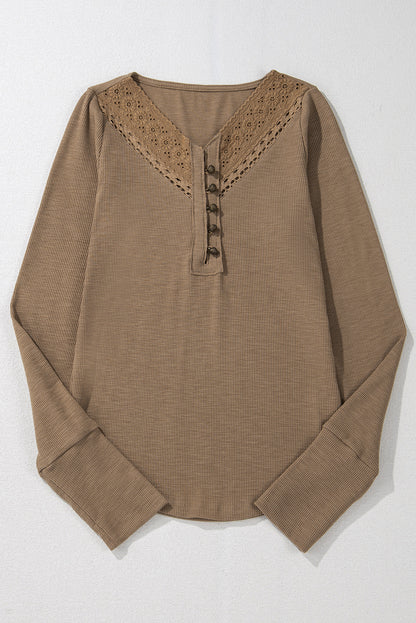 Anglaise Broider Ribbed Long Sleeve Top | Chestnut