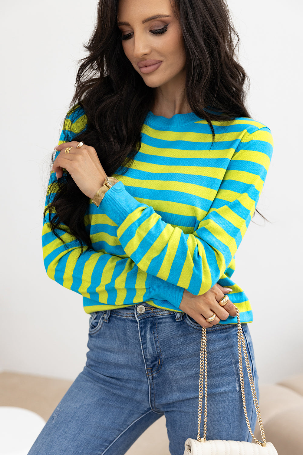 Crew Neck Drop Shoulder Casual Sweater | Green Stripe