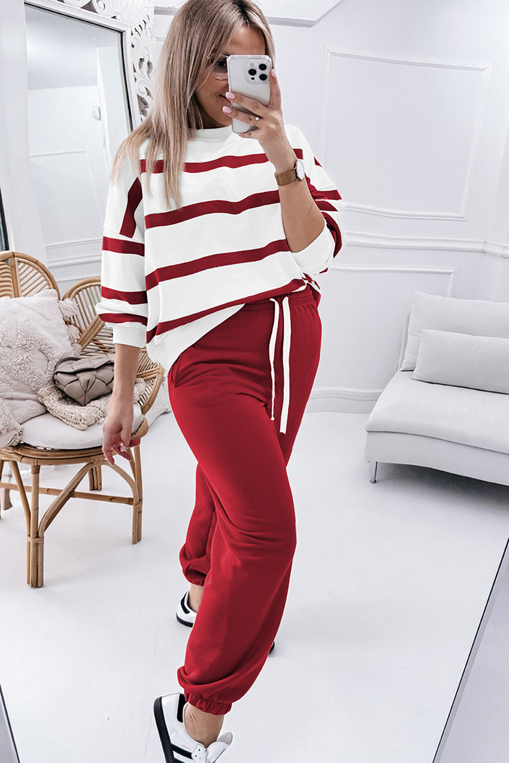 Drop Shoulder Pullover And Jogger Pants Set | Red Stripe