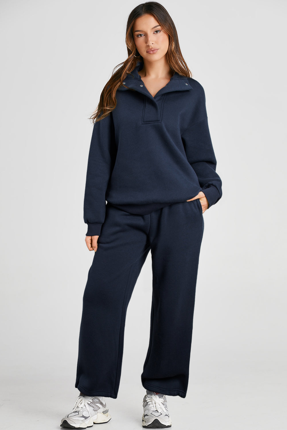 Solid Colour Collared Sweatshirt and High Waist Pants Set | Navy Blue