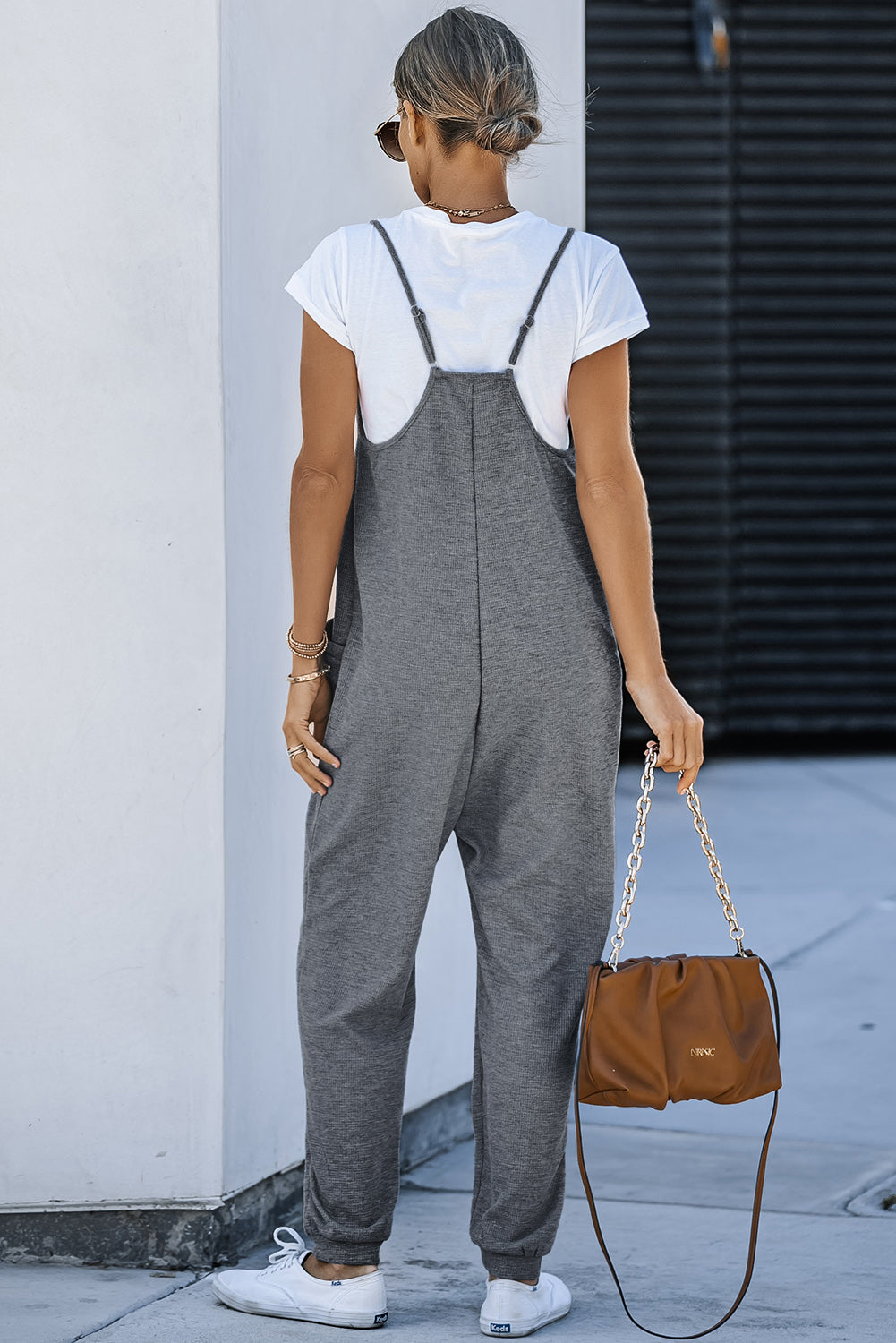 Textured Sleeveless V-Neck Pocketed Casual Jumpsuit | Gray