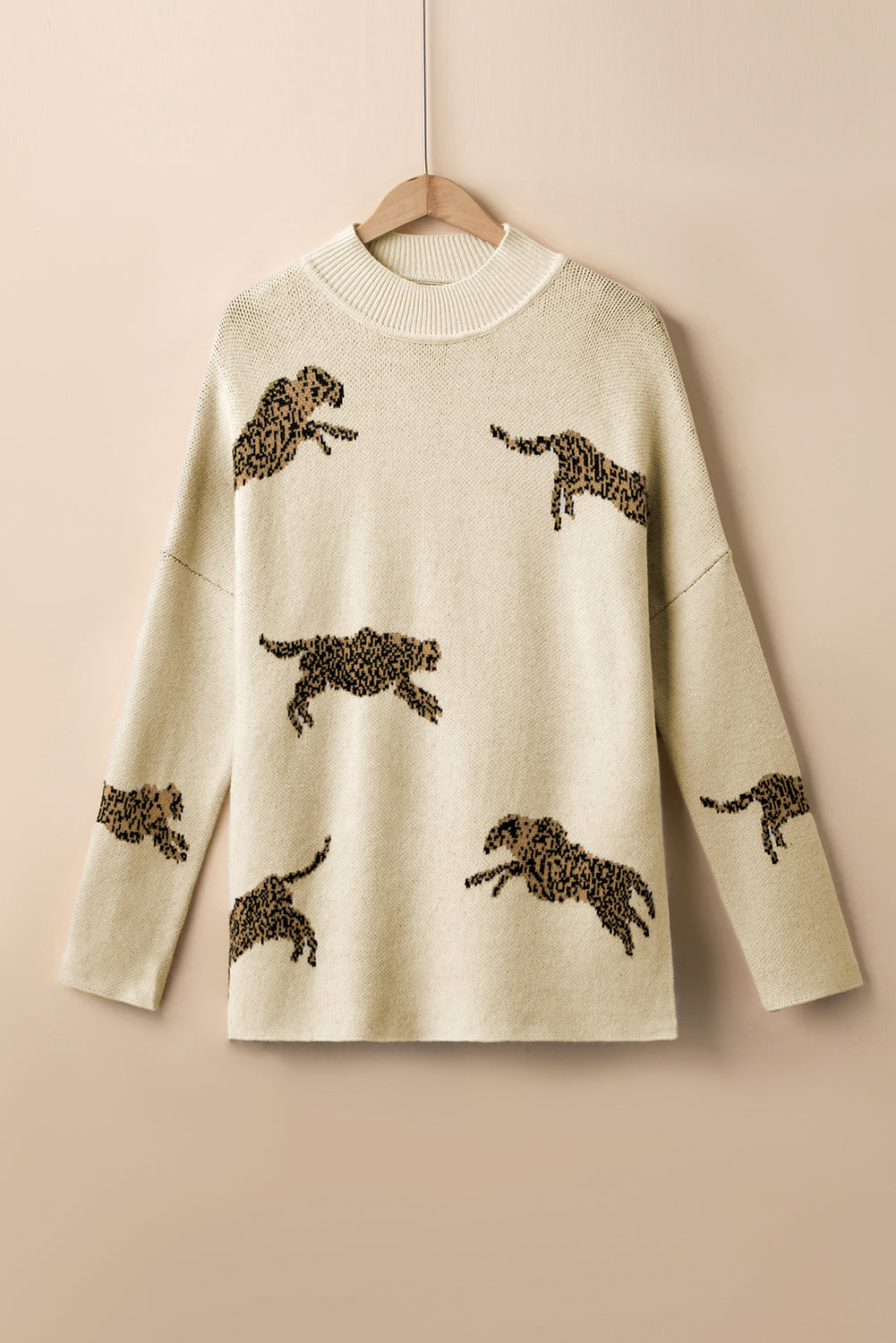 Lively Cheetah Print High Neck Split Hem Sweater | Parchment