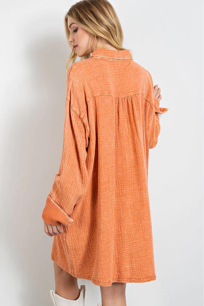 Crinkled Dual Chest Pocket Oversized Shirt Dress | Orange