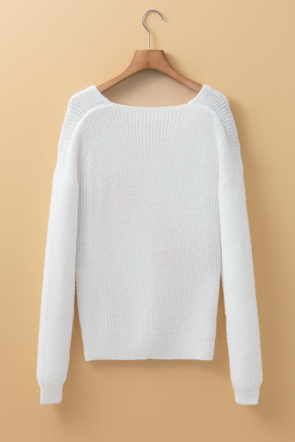 Pearl Beaded Heart Pattern Fuzzy V Neck Sweater | White