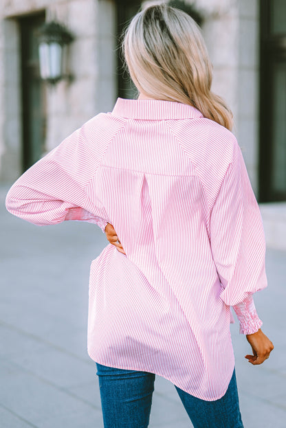 Smocked Cuffed Striped Boyfriend Shirt With Pocket | Pink