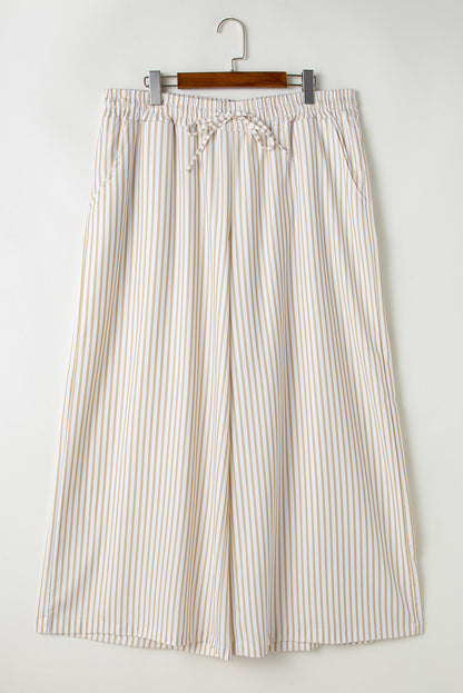 Plus Size Drawstring High Waist Wide Leg Pants | Khaki Stripe