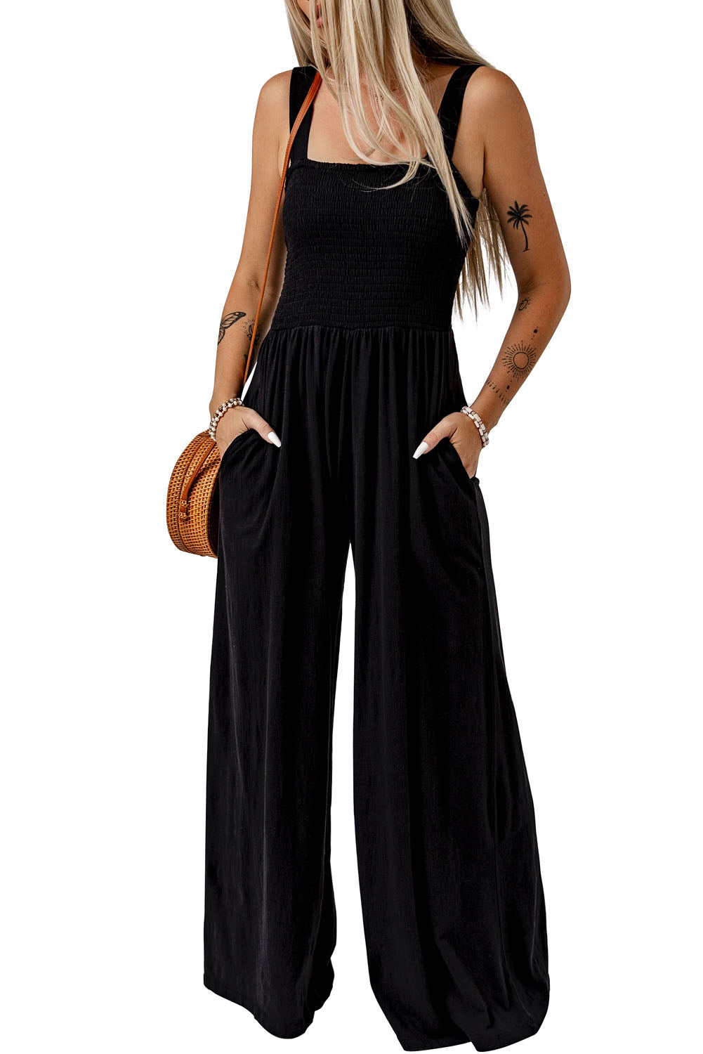 Smocked Sleeveless Wide Leg Jumpsuit With Pockets | Black