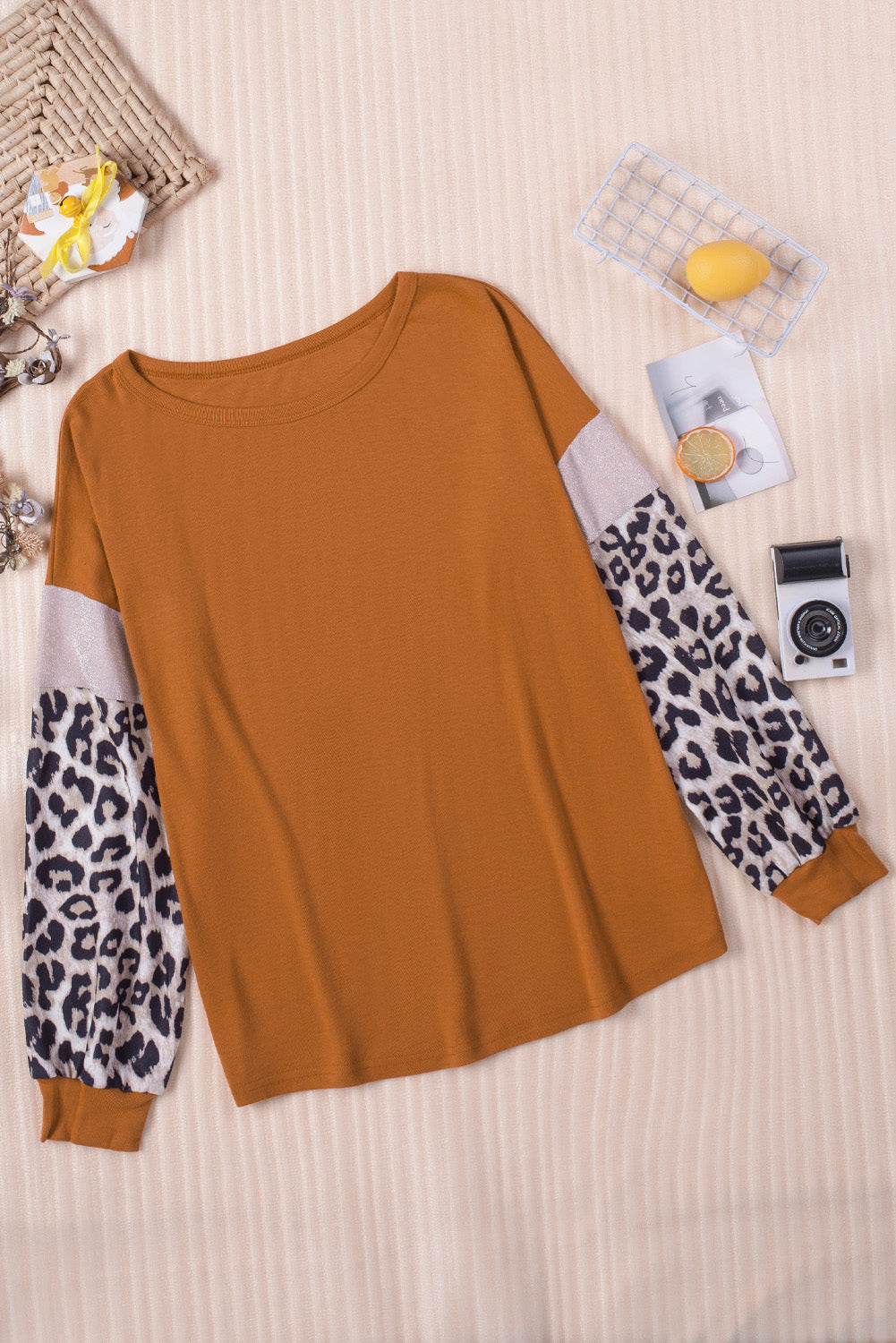 Leopard Sequin Patchwork Long Sleeve Top | Brown