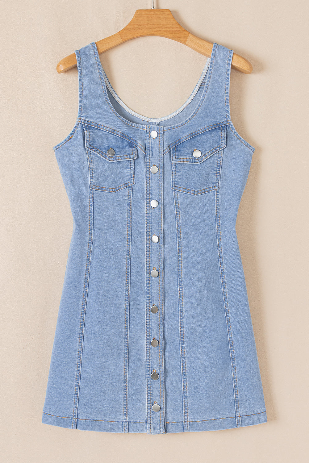 Light Wash Denim Buttoned Front Chest Pockets Sleeveless Slim Mini Dress | Beau Blue