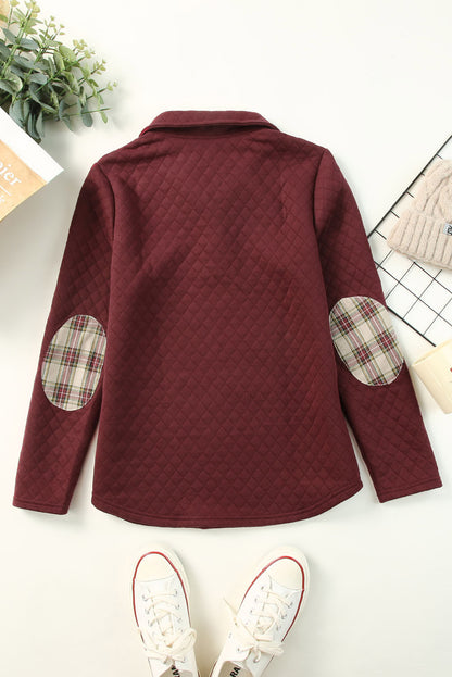 Fiery  Geometric Texture Plaid Trim Sweatshirt | Red