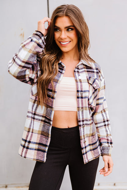 Geometric Plaid Print Pocketed Shacket | Pink