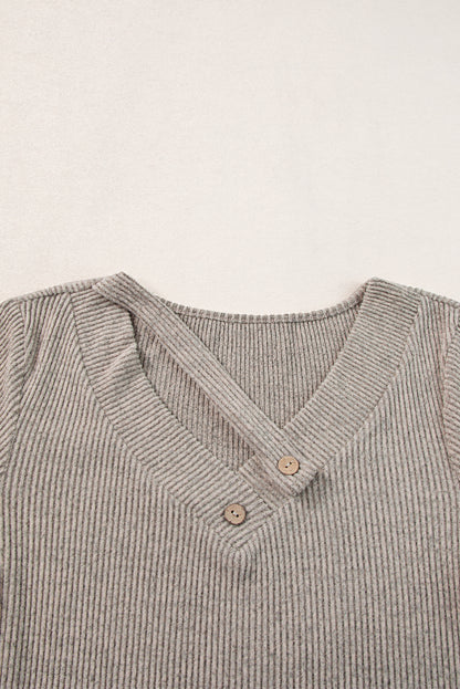 Ribbed Buttoned Strappy V Neck Tee | Pale Khaki