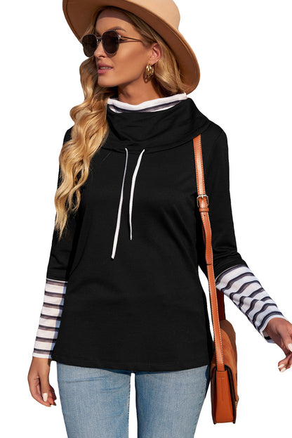 Striped Splicing High Neck Sweatshirt | Black