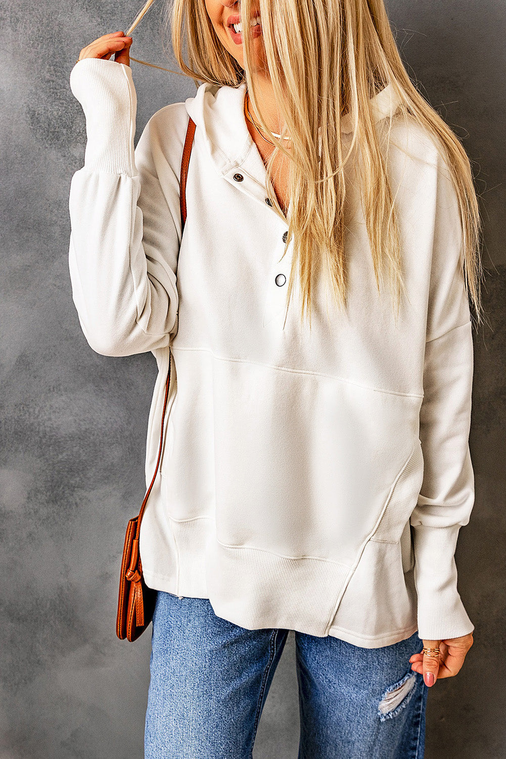 Batwing Sleeve Pocketed Henley Hoodie | White