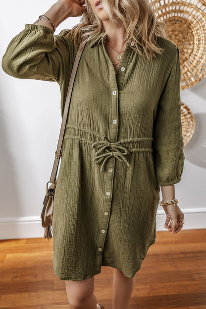 Textured Bracelet Sleeve Collared Button Up Dual Tied Mini Dress | Jungle Green