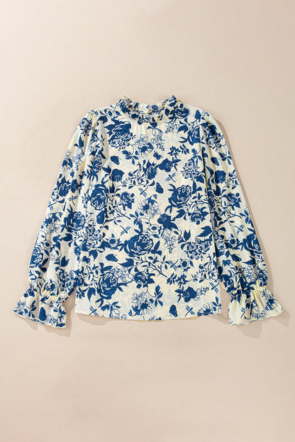 Floral Print Flounce Sleeve Keyhole Back Blouse | Sky Blue