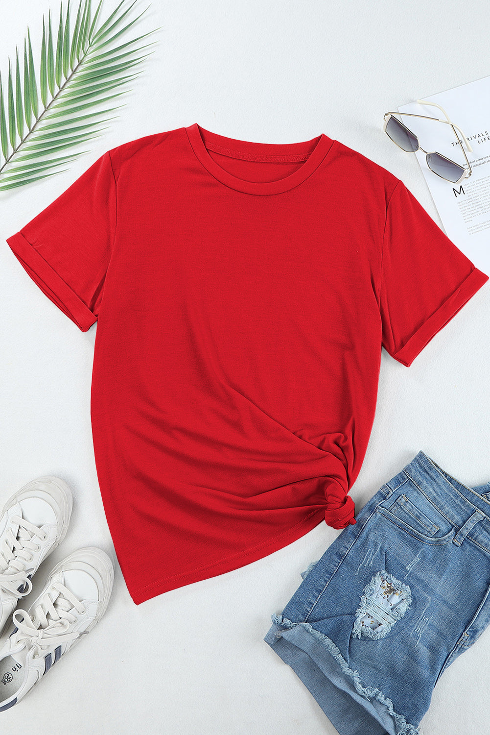 Casual Plain Crew Neck Tee | Red