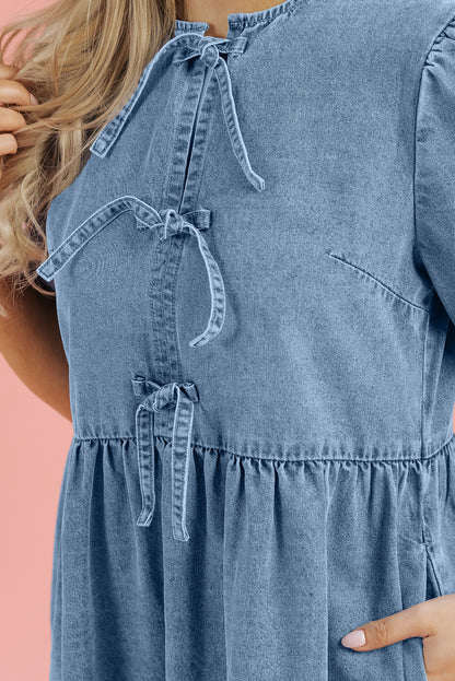 Bowknot Bubble Sleeve Short Denim Dress | Dusk Blue