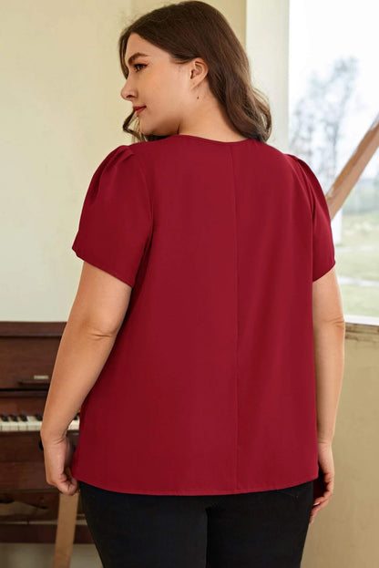 Keyhole Pleated Crew Neck Plus Size T Shirt | Red Dahlia