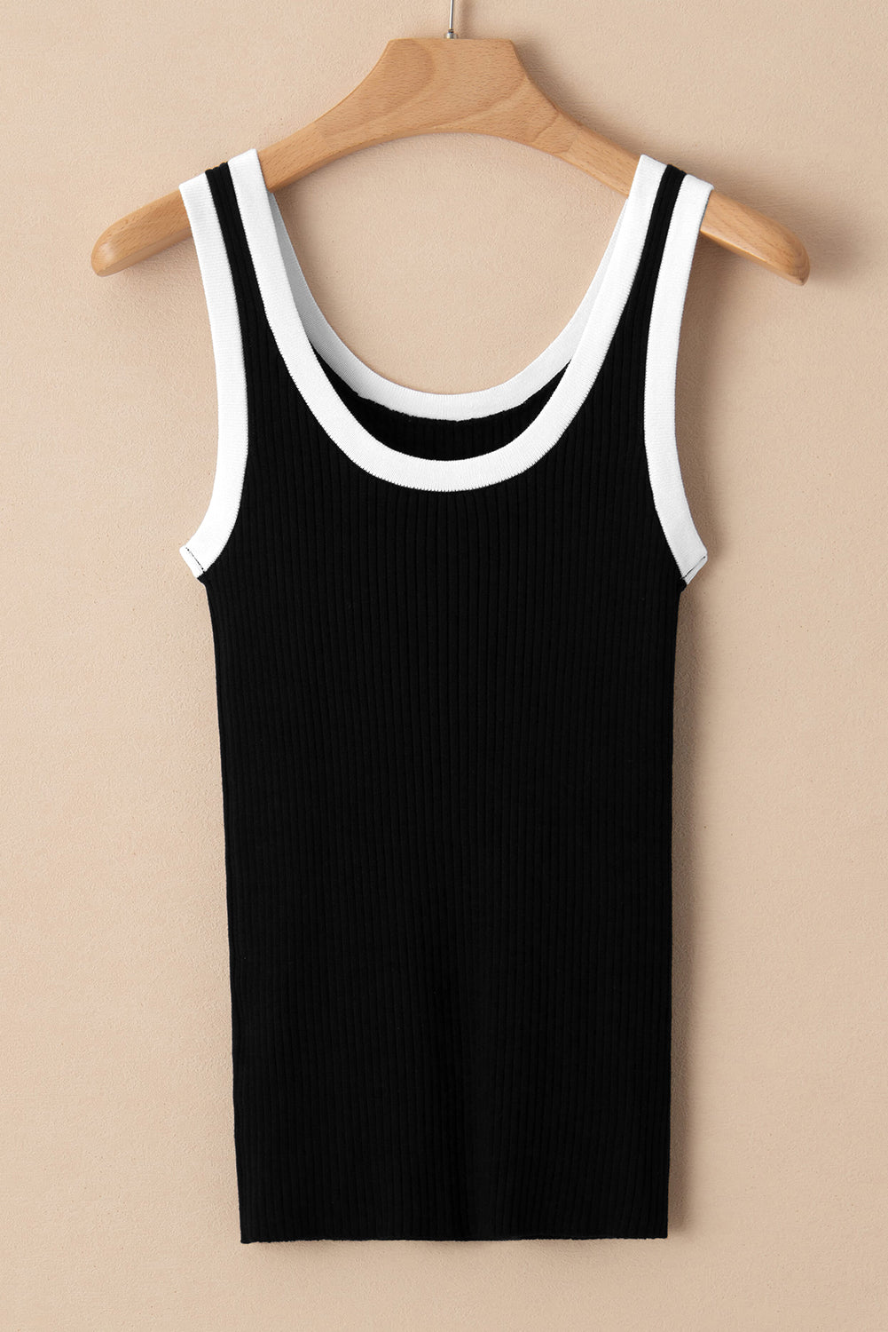 Colourblock Edge Ribbed Knit U Neck Tank Top | Black