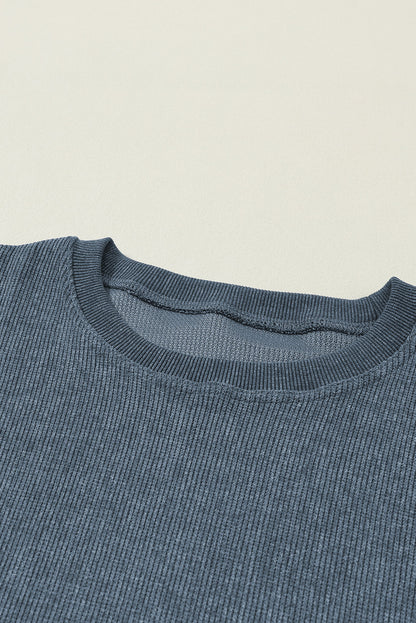 Solid Ribbed Knit Round Neck Pullover Sweatshirt | Blue