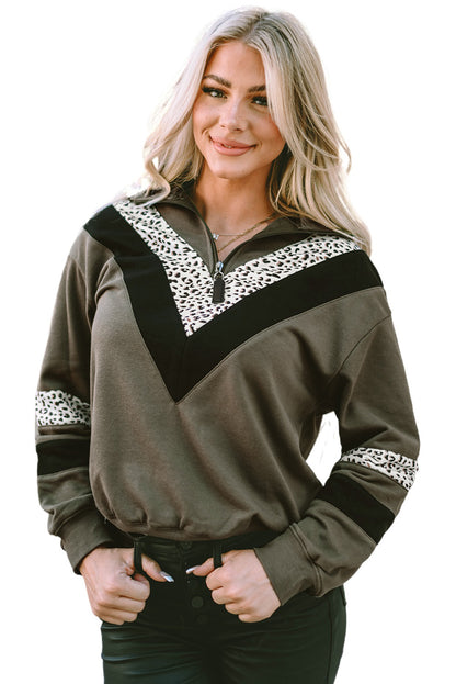 Leopard Contrast Splicing Quarter Zip Sweatshirt | Green