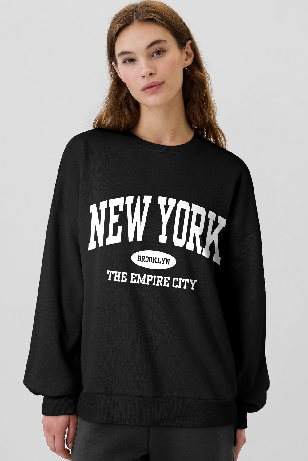 New York Brooklyn Letter Graphic Drop Shoulder Sweatshirt | Black