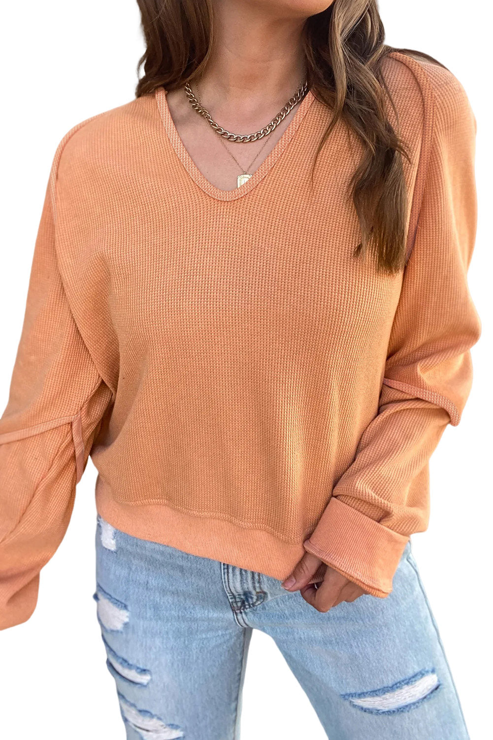 Solid Long Sleeve V Neck Corded Top | Orange