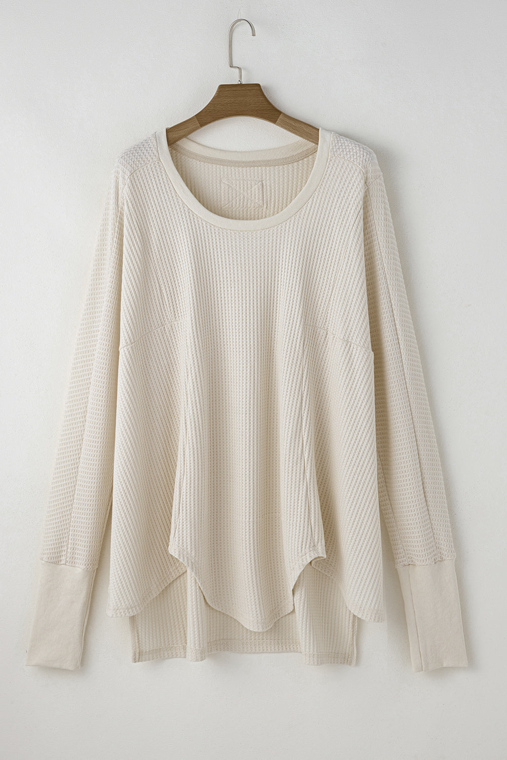 Waffle Knit Exposed Seam V Neck Oversized Top | White