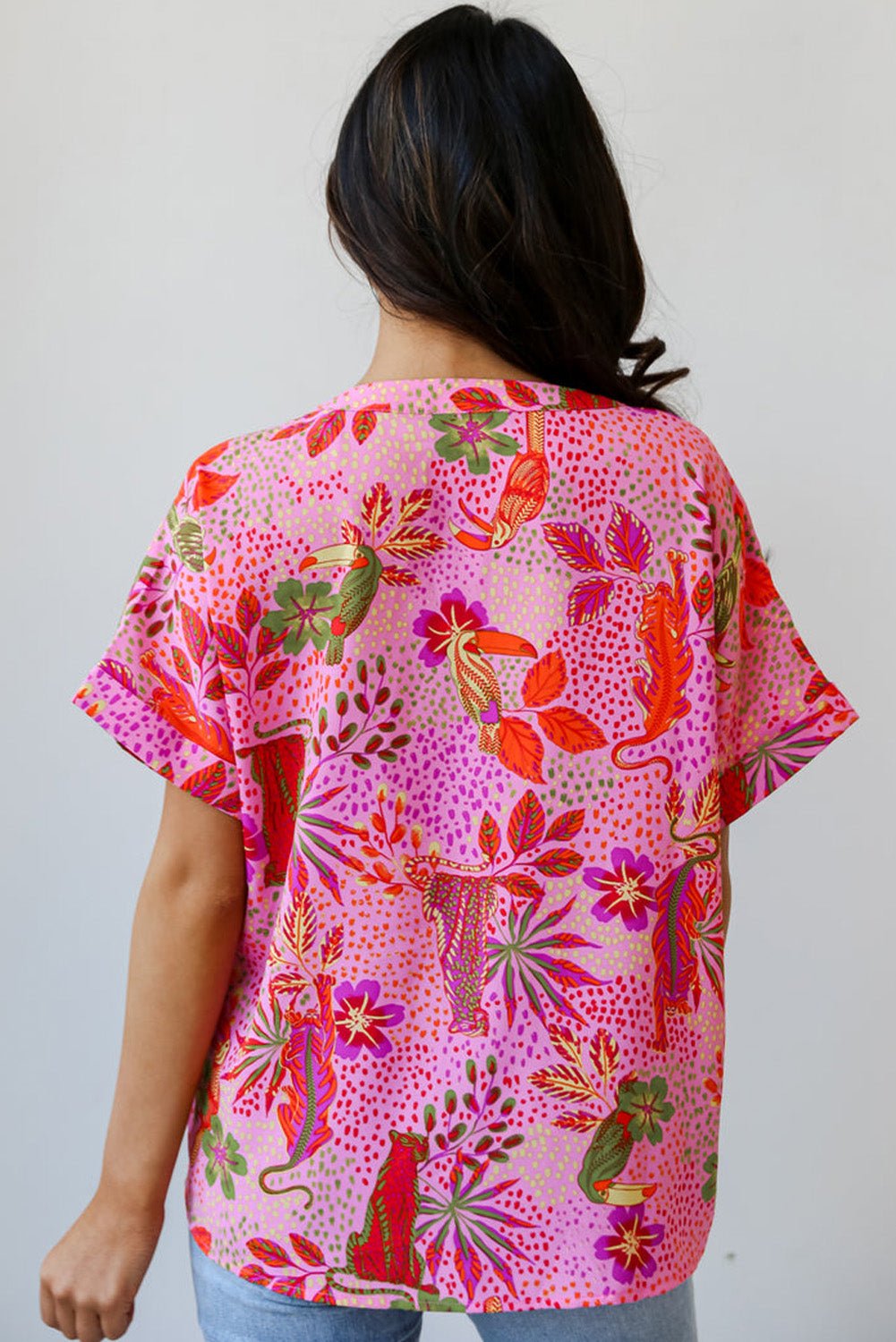 Jungle Floral Print Notch V Neck Blouse | Rose