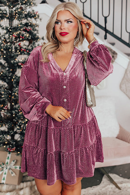 Plus Size Textured Velvet Tiered Buttons Tiered Dress | Meadow Mauve