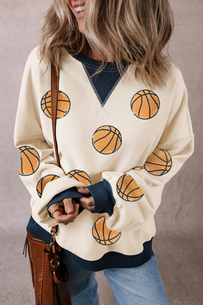 Sequin Basketball Graphic Colourblock Edge Sweatshirt | White