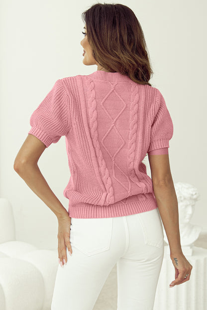 Cable Knit Mixed Textured Short Sleeve Sweater | Pink