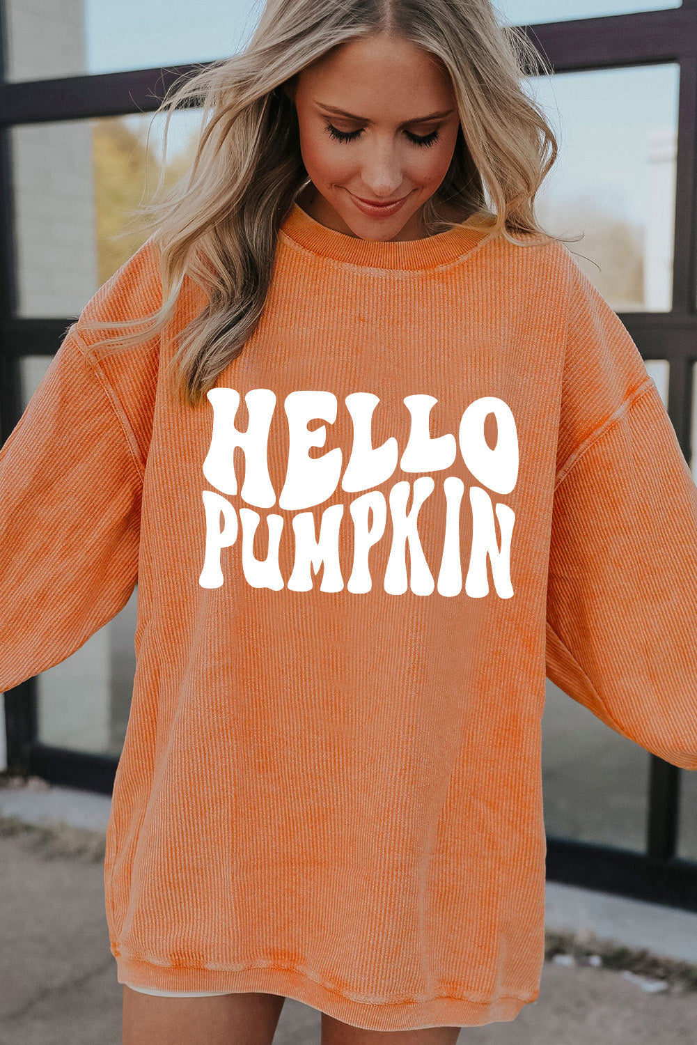 Hello Pumpkin Letter Graphic Corded Sweatshirt | Orange