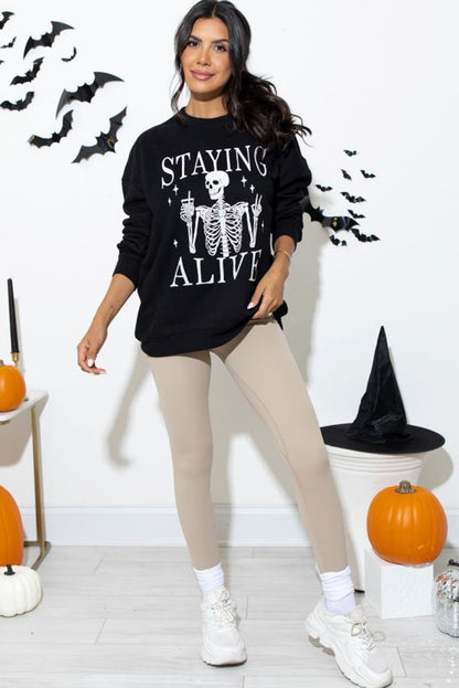 Staying Alive Skull Graphic Crewneck Halloween Sweatshirt | Black