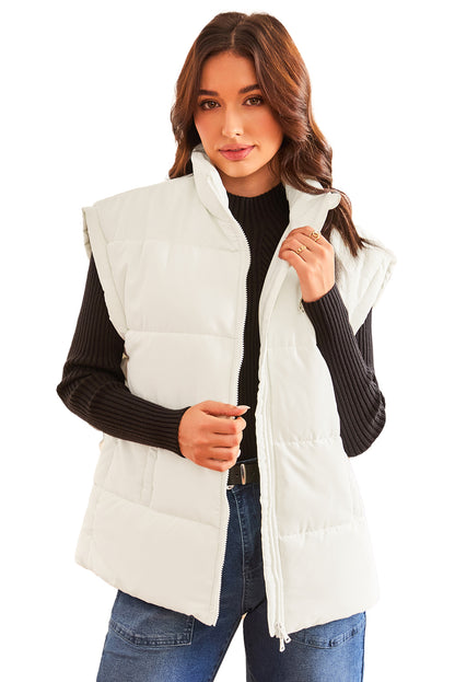 Zipper Stand Neck Oversized Puffer Vest | Beige