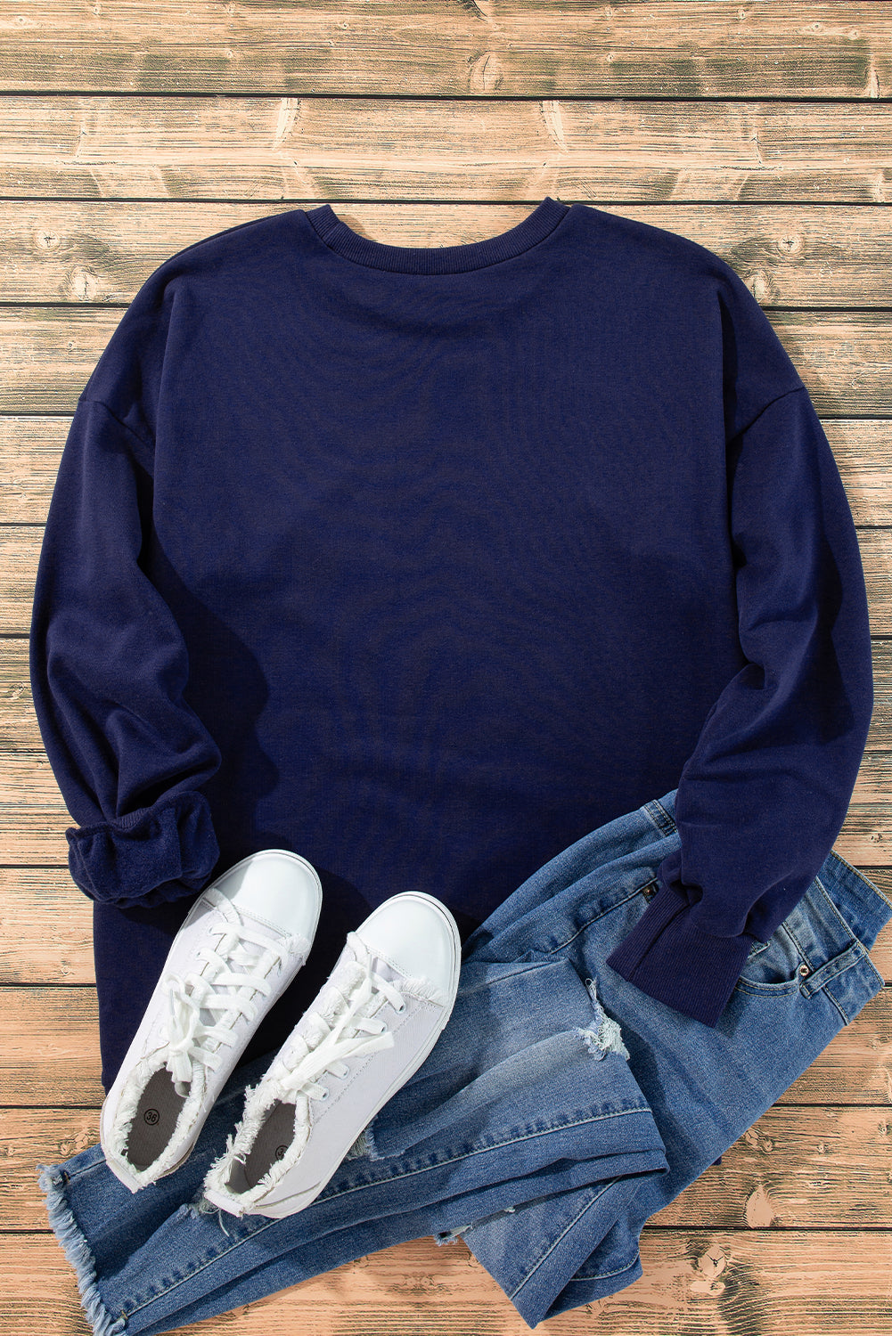 Solid Fleece Lined Drop Shoulder High Low Sweatshirt | Navy Blue