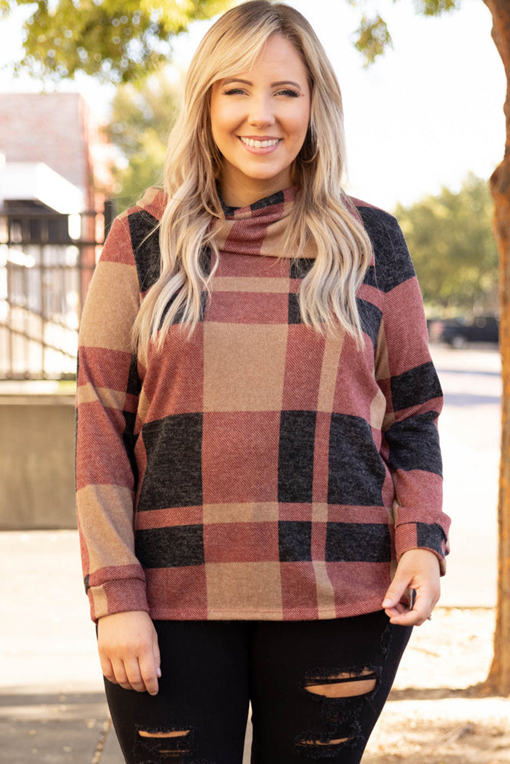 Plus Size Plaid Print Button Decor Asymmetric Neck Top | Mineral Red