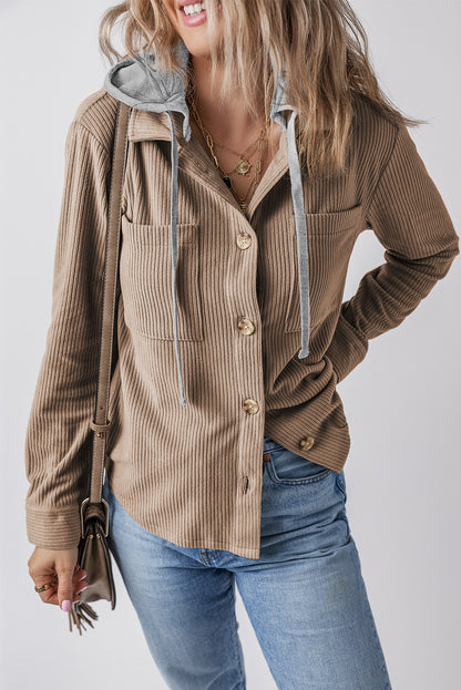 Hooded Drawstring Pockets Corduroy Shacket | Pale Khaki