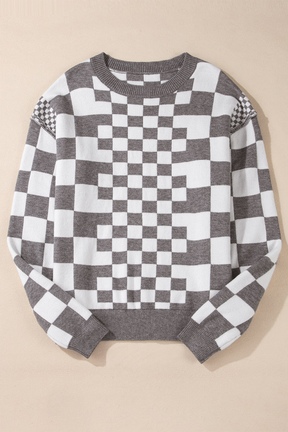 Checkered Print Drop Shoulder Round Neck Sweater | Gray