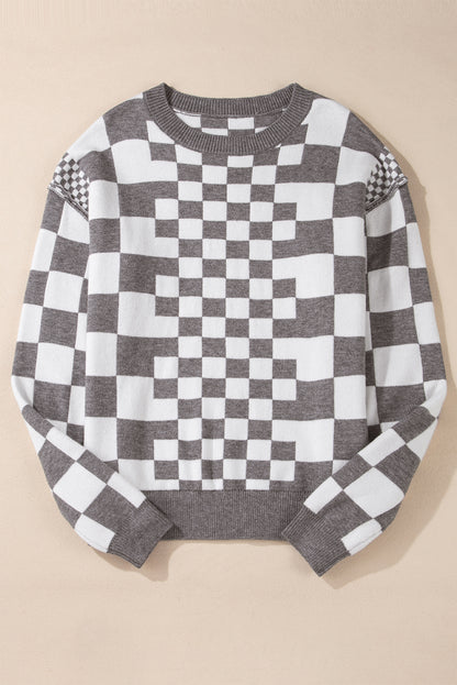 Checkered Print Drop Shoulder Round Neck Sweater | Gray