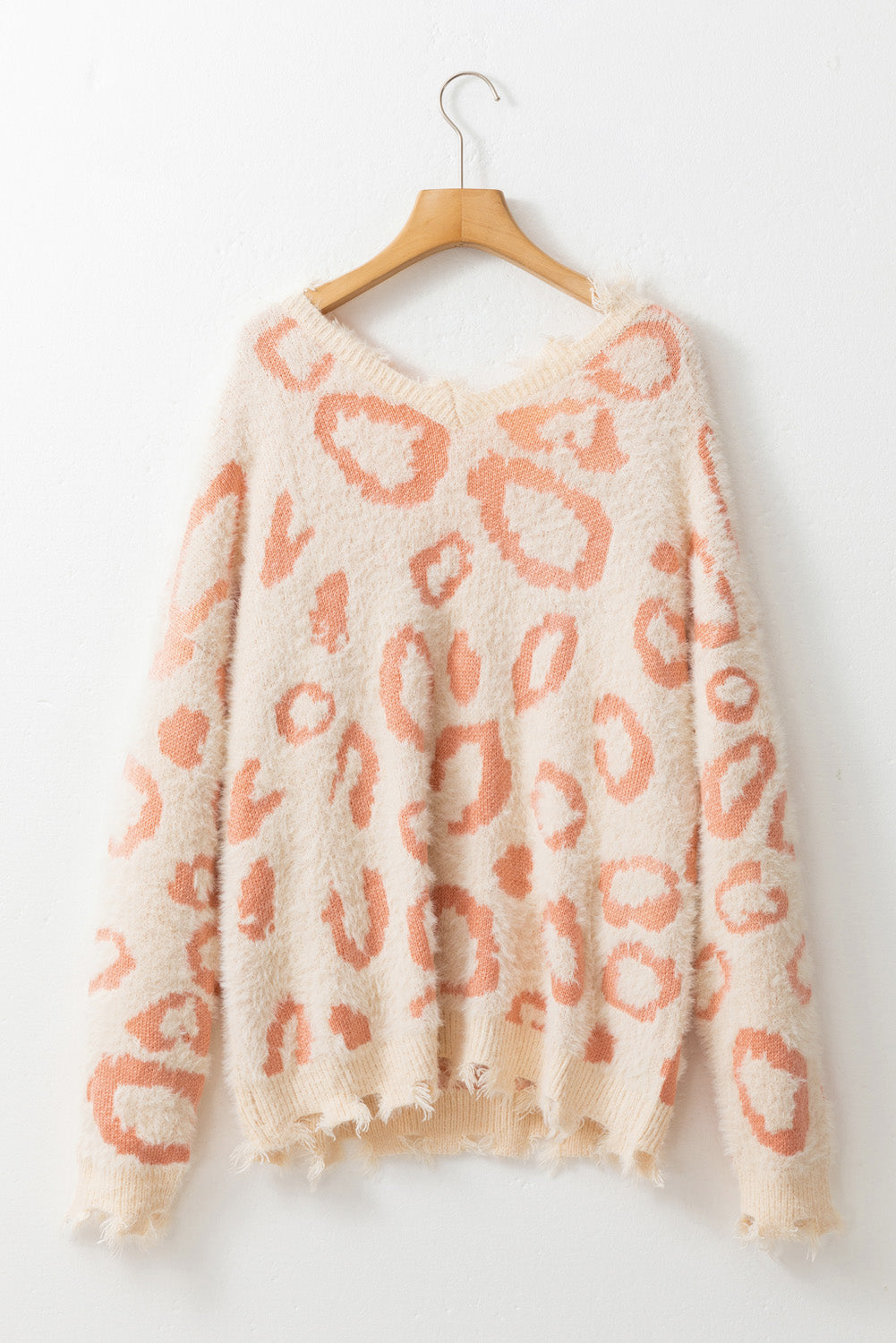 Animal Print Distressed Trim Fuzzy Sweater | Leopard