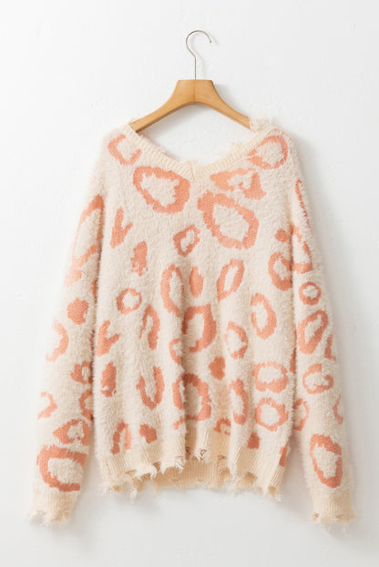 Animal Print Distressed Trim Fuzzy Sweater | Leopard