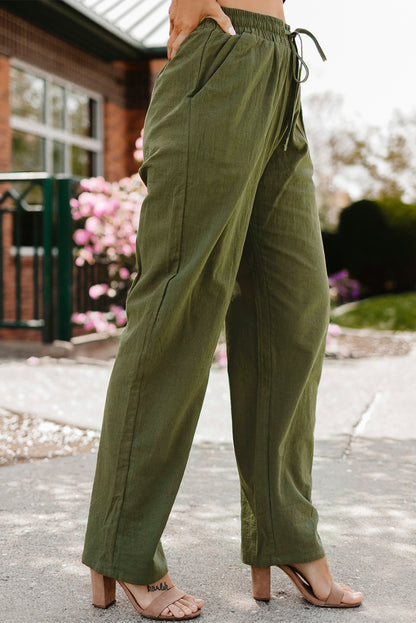 Drawstring Elastic Waist Pockets Long Straight Legs Pants | Green