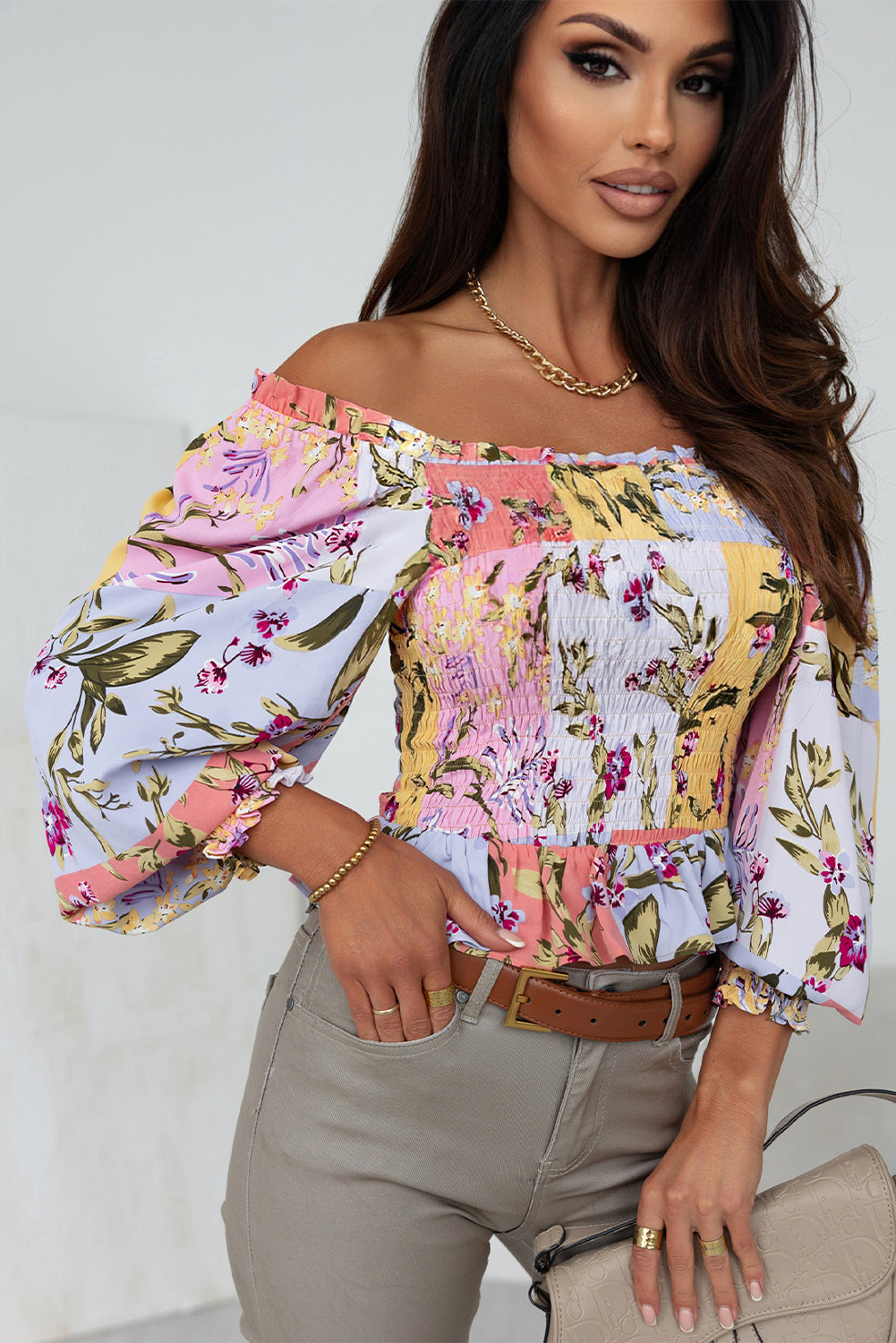 Multicolor Smocked Floral Frilled Trim Square Neck Blouse