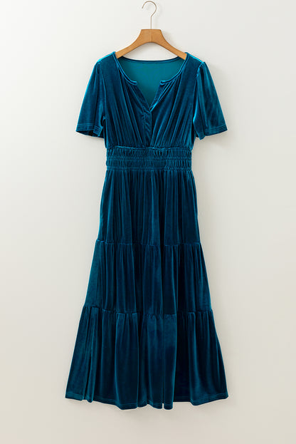 Velvet Short Sleeve Shirred Waist Tiered Maxi Dress | Prussian Blue