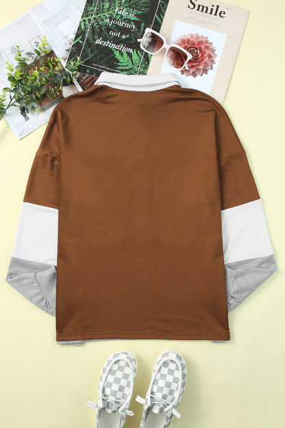 Turn-Down Collar Colourblock Pullover Sweatshirt | Brown