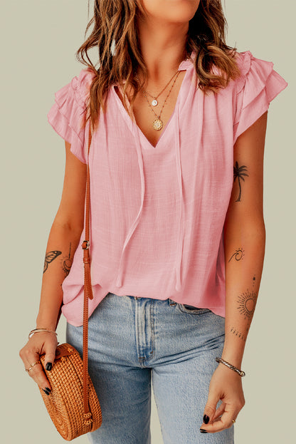 Tiered Ruffled Drawstring V Neck Top | Pink